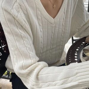 Brandy Melville Cream Cable Knit V-Neck Sweater